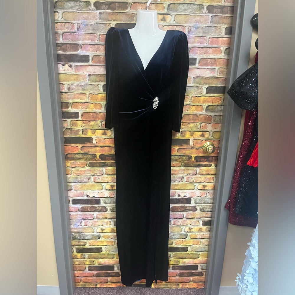 Navy Stretch Velvet Gown with long sleeves brooch on the side